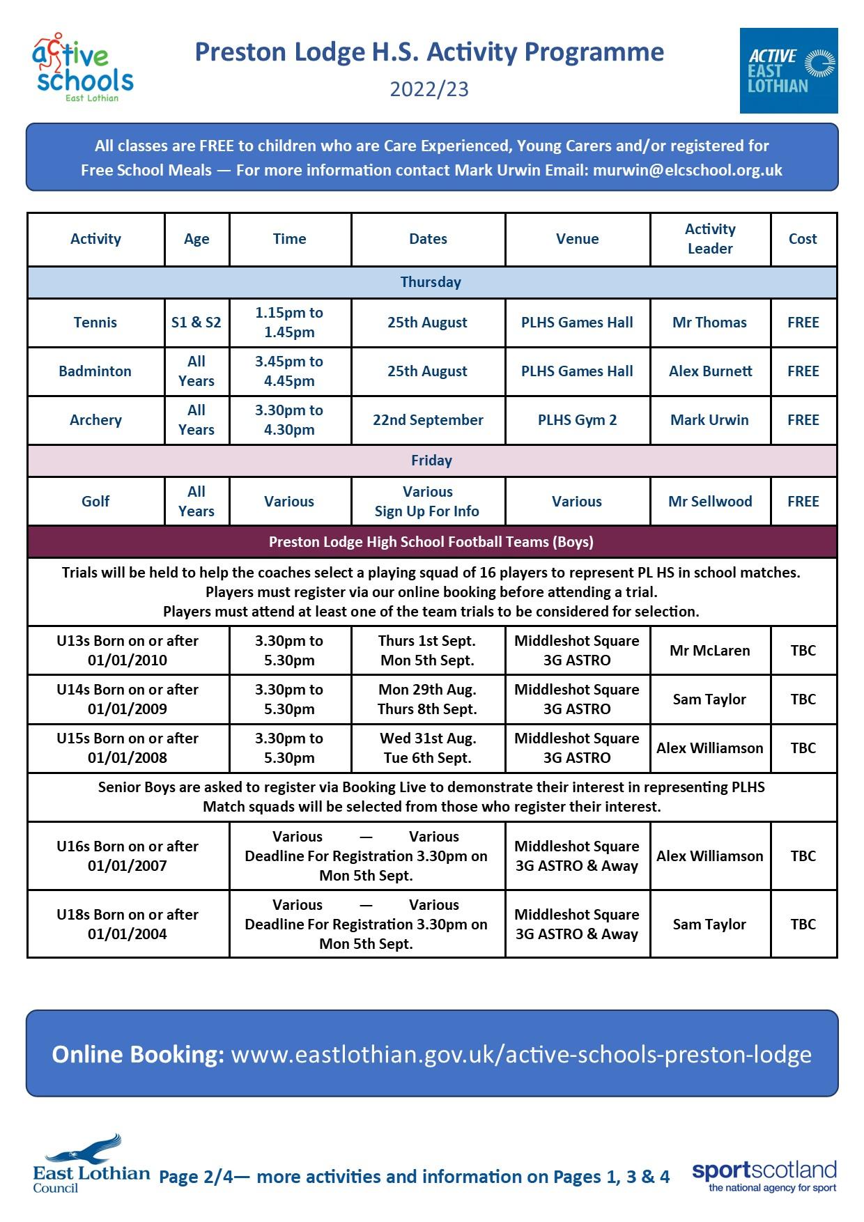 Page 2 PLHS Active Schools Timetable 2022-23