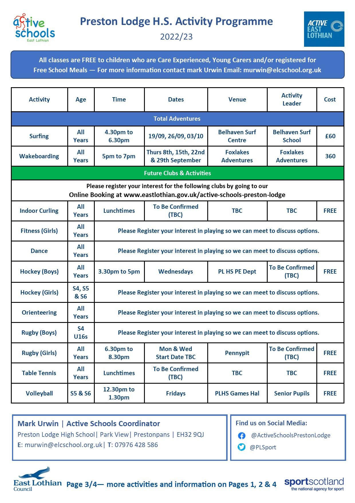 Page 3 PLHS Active Schools Timetable 2022-23
